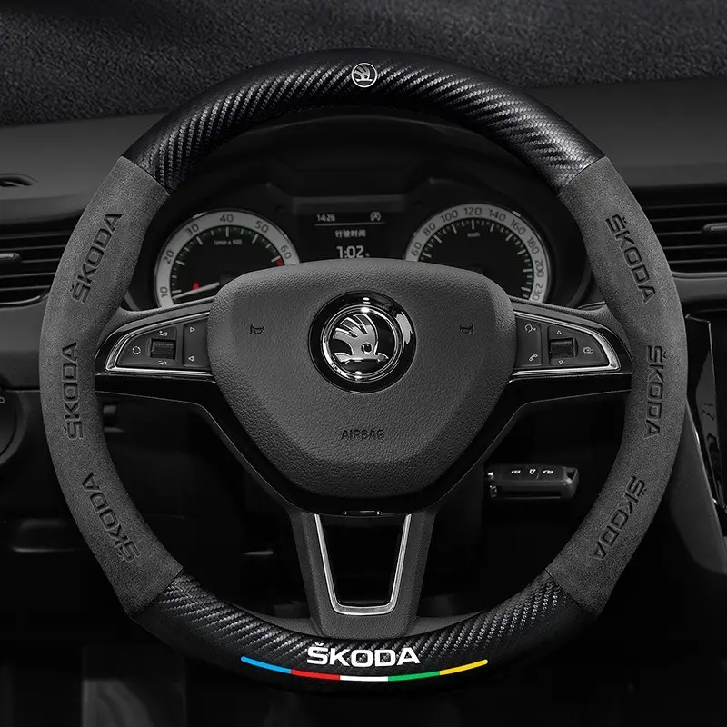 Suede Carbon Fiber Car Steering Wheel Cover Easy Installation Enhanced Grip for Skoda Octavia A7 A8 Fabia Karoq Superb Rapid Kamiq Scala, Premium Auto Accessories, Steering Wheel Protector