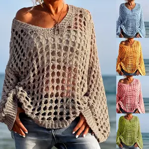 Women's Casual Loose-Fit V Neck Top, Hollow Out Design, Polyester Knit Fabric, Hand Washable, All Season Wear