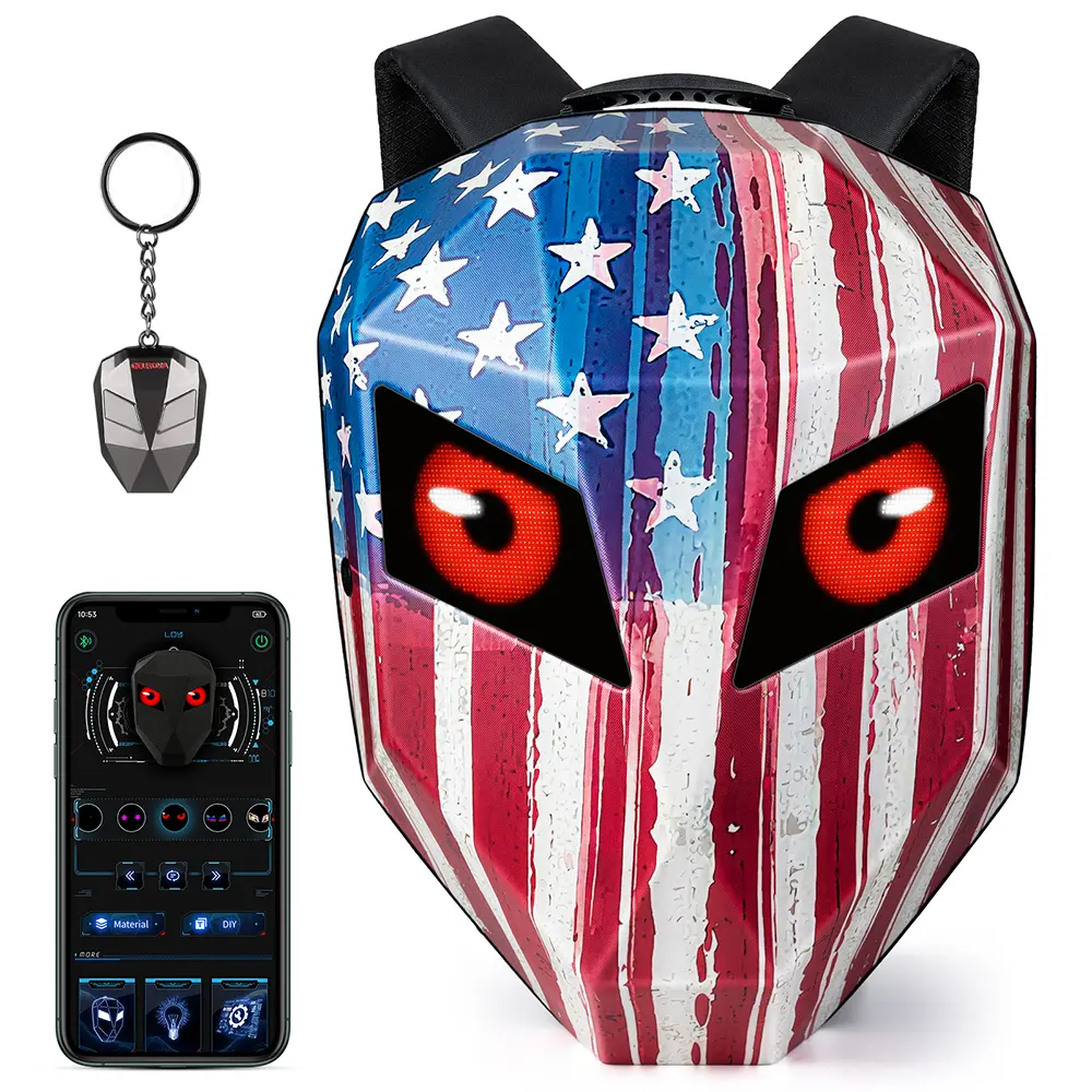 Gelrova Anime Motorcycle Backpack with Programmable Eye Display - Expandable Helmet Bag for Motorcyclists & Cyclists with a 15" Laptop Sleeve, Adjustable Shoulder Strap, Abs, Usa Flag, Water-Resistant Zippers, Hard Shell, Unisex, 14X7x19 In, 25L, Built-In