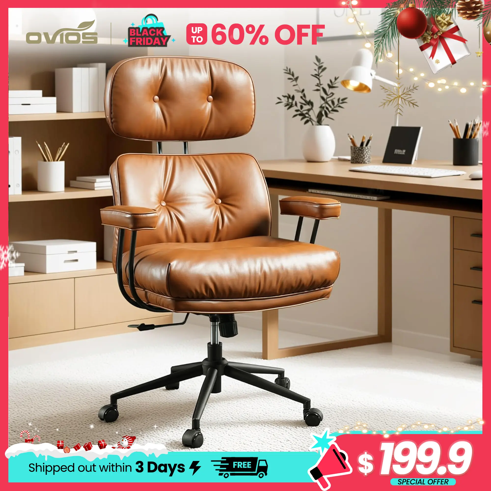 【Summerfinds】Ovios Oversized Home Office Chair, Extra-Wide Seat, Built for Big & Tall Comfort, Mid-Century Modern Faux Leather Chairs with Thickened Cushions, Comfy High Back Swivel Rolling Executive Computer Armchair