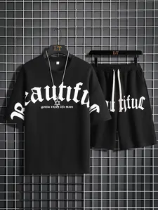 Men's Summer Crew Neck Letter Print T-Shirt & Shorts Set with Drawstring Waist for Everyday Casual Wear in Summer