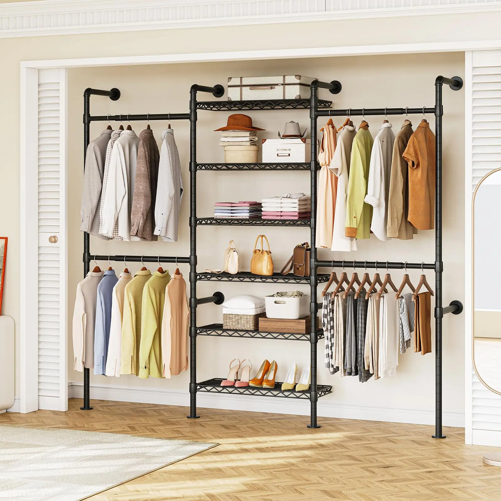 【SummerFinds】ONBRILL H3 Wall-Mounted Closet Organizer - Industrial Iron Metal Vertical Long Pole Coat Rack with 4 Telescopic Rods, 6 Mesh Panels, Adjustable Hanging Design for Small Room Organization Products