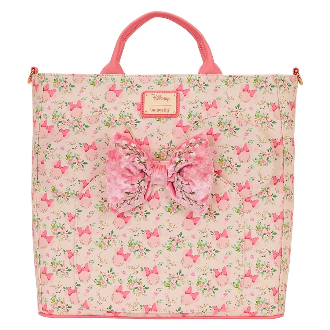 Loungefly Disney Minnie Mouse Faux Leather Convertible Backpack with Floral All Over Print, 3D Velvet Bow and Applique Ears, Fashionable Bags, Graphic, 3D Bow, Wipeclean Ease, Adjustable, Portable Women's Crossbody & Shoulder Bags, Zip, Velvet Bow Charm