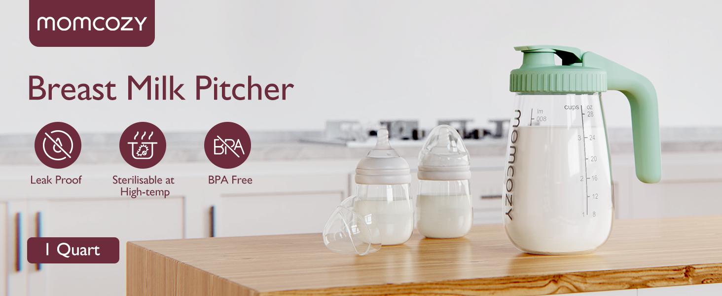 Momcozy Breast Milk Pitcher, Resistant to Heat and Cold Abrupt Temp Swings, No Leak Glass Breast Milk Fridge Storage Container With Wide Mouth, Fast Baby Formula Maker, Breastfeeding Essentials