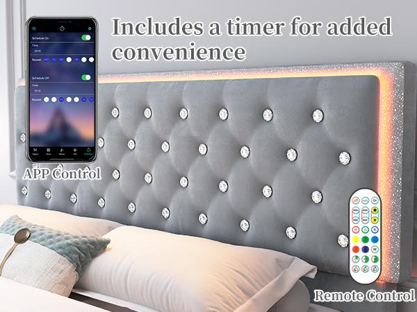 Sibeds Queen LED Bed Frame with 2 Storage Drawers, Adjustable Crystal Tufted Headboard, PU Leather & Velvet, Noise-Free Solid Slats, No Box Spring Needed, Easy Assembly, Modern Design