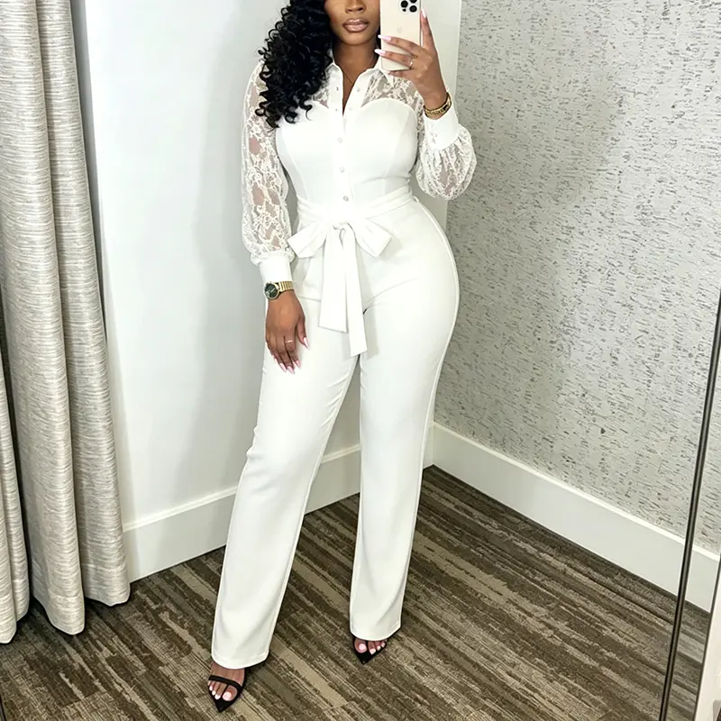 Elegant Jumpsuit for Women Lace Puff Sleeve Wide Leg Pant Suit One Piece Formal Outfits Soft High-Quality Fabric Deep V Neck Zip Down Back、Galentine party Birthday Button Birthday Evening Casual Long Sleeves Flowy Evening