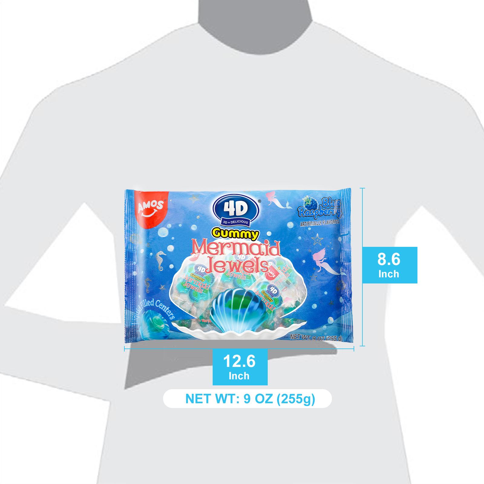 Amos 4D Gummy Mermaid Jewels - Blue Raspberry Flavor, Jelly-Filled Chewy Fruit Snacks, Gluten-Free, Resealable Bags, Healthy Exotic Sweet Treats - Bite