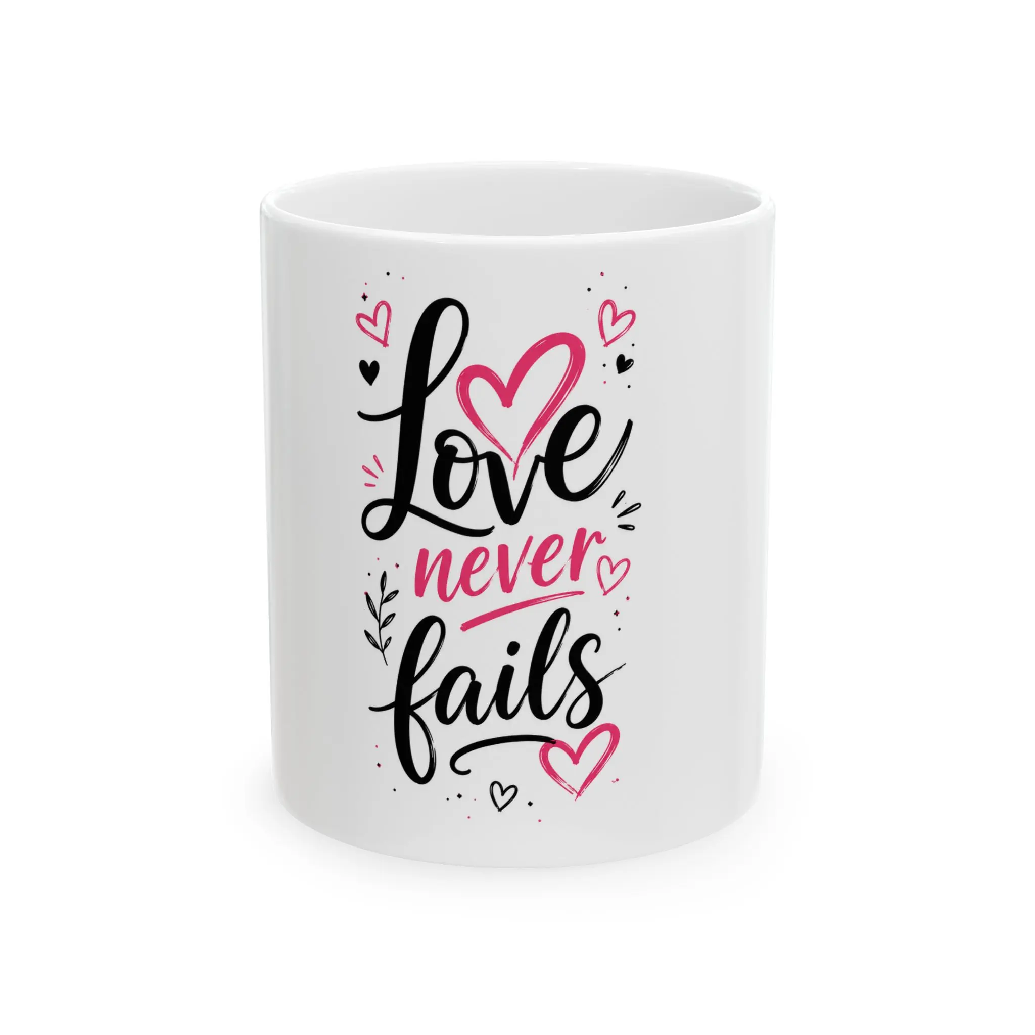 Love Never Fails mug | Valentine's heart typography ceramic mug