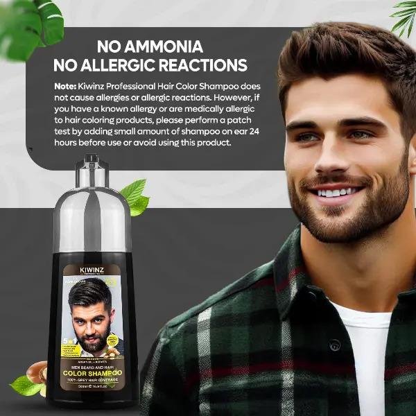 KIWINZ PRO 5 in 1 Men Beard & Hair Dye Shampoo - 5-in-1 Formula with Argan Oil & Keratin - No Stain on Skin - Anti-Hair Loss - Moisturizing & Breakage Solution - Hair Color Shampoo for Men Haircare Conditioner 500ml