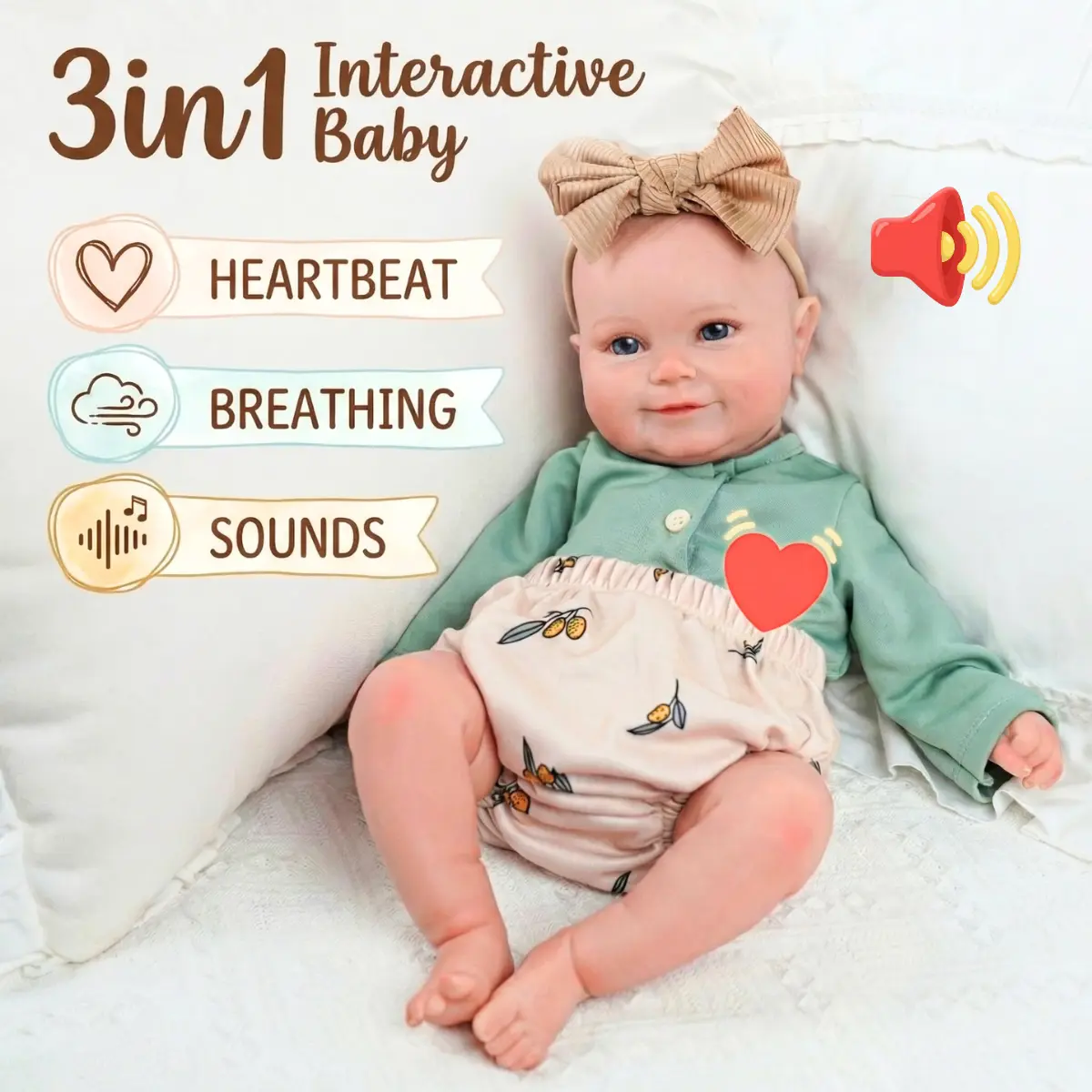 【3 in 1 Interactive Baby without Battery】BABESIDE 3 in1 Reborn Baby Dolls with Breathe Heartbeat Coos, 20 Inch Soft Vinyl and Cloth Body Poseable Realistic Baby Dolls for 3+ Years Old Girls Gifts