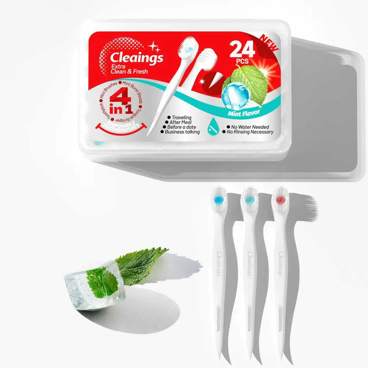 [Mother‘s Day] Cleaings 4-in-1 Portable Mini Brushes Set with Toothpaste Toothbrush Toothpick & Tongue Scraper Mint Flavor 24Count Capsule Oral Care Solution Multi-Function travel Oral Hygiene Essentials Gel Pack Oral Hygiene Kit toothbrush gift tiktoksho