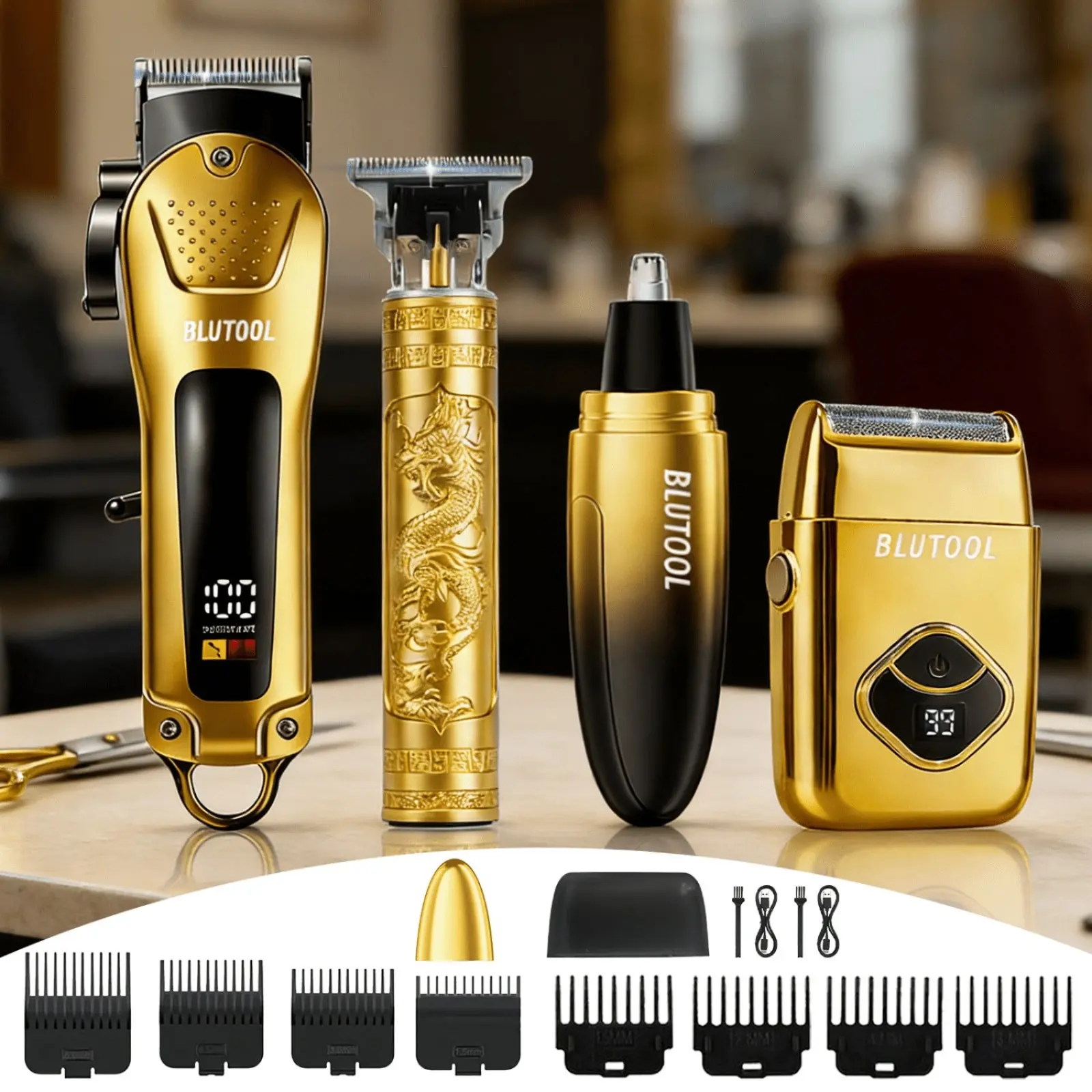 Men's 4-Piece Grooming Set – Gold & Black USB-Rechargeable Hair Clipper (with guide combs), Trimmer, Shaver, Storage Case, and Cleaning Brush; An Ideal Christmas Gift for Him