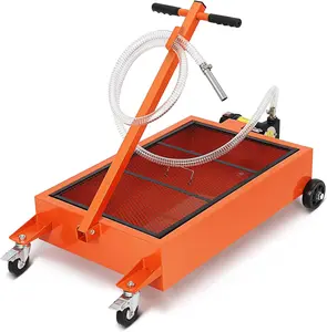 15 Gallon Waste Oil Drain Pan with 12V Electric Pump - Low Profile Steel Oil Change Pan with 8.2 Ft Hose, Folding Handle & Wheels for Trucks, SUVs, Cars, RVs (Orange)