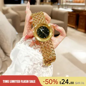 Luxury Round Bracelet Watch    Fashionable Women's Wristwatch Gold Black Dual Color Options Waterproof Free Size Adjustment Suitable for Daily Wear
