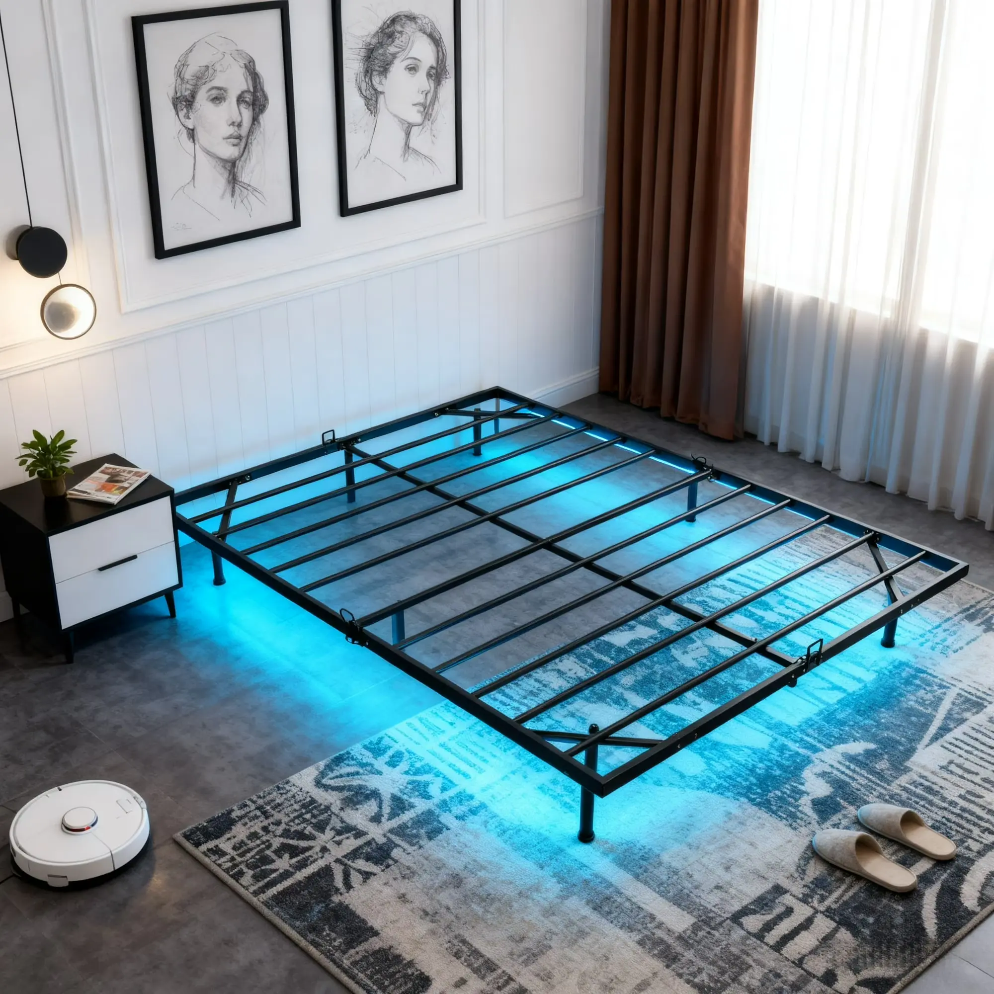 Sweetcrispy Queen Bed Frame - Metal Floating Platform Furniture for Bedroom, LED Lights, 2-Outlet & USB Ports Charging Station, No Box Spring Needed, Anti-Sliding, Noise-Free, Easy Assembly