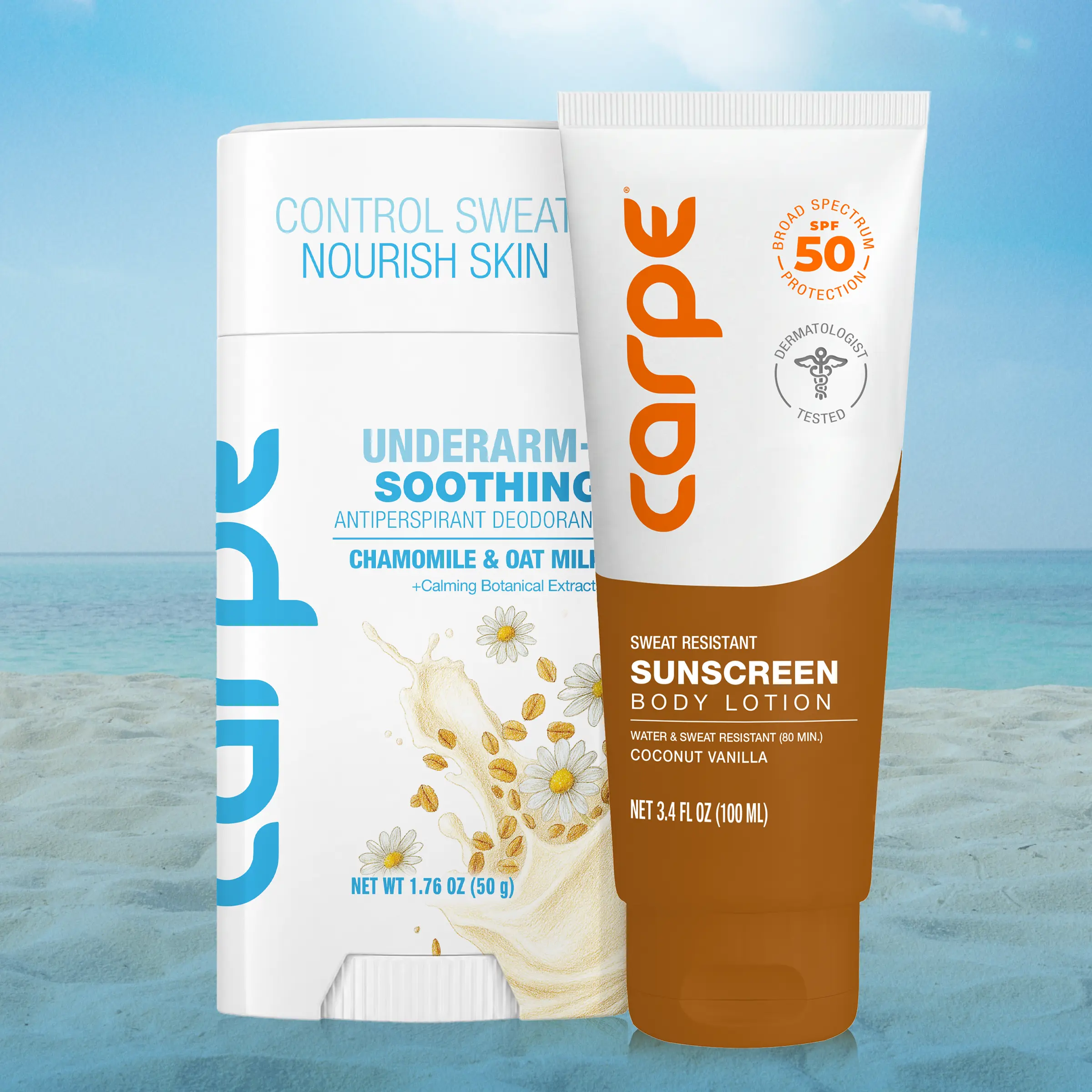 Carpe Better Beach Day Bundle, Underarm+ Antiperspirant and Sunscreen Body Lotion for Protected and Comfortable Beach Day