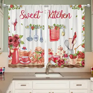 2D Flat - Set of 2 Short Rustic Farmhouse Kitchen Curtains Featuring a Strawberry Floral Design on a Wooden Board, Perfect for Country-Style Home Decor in Living Rooms, Bedrooms, And Dining Areas