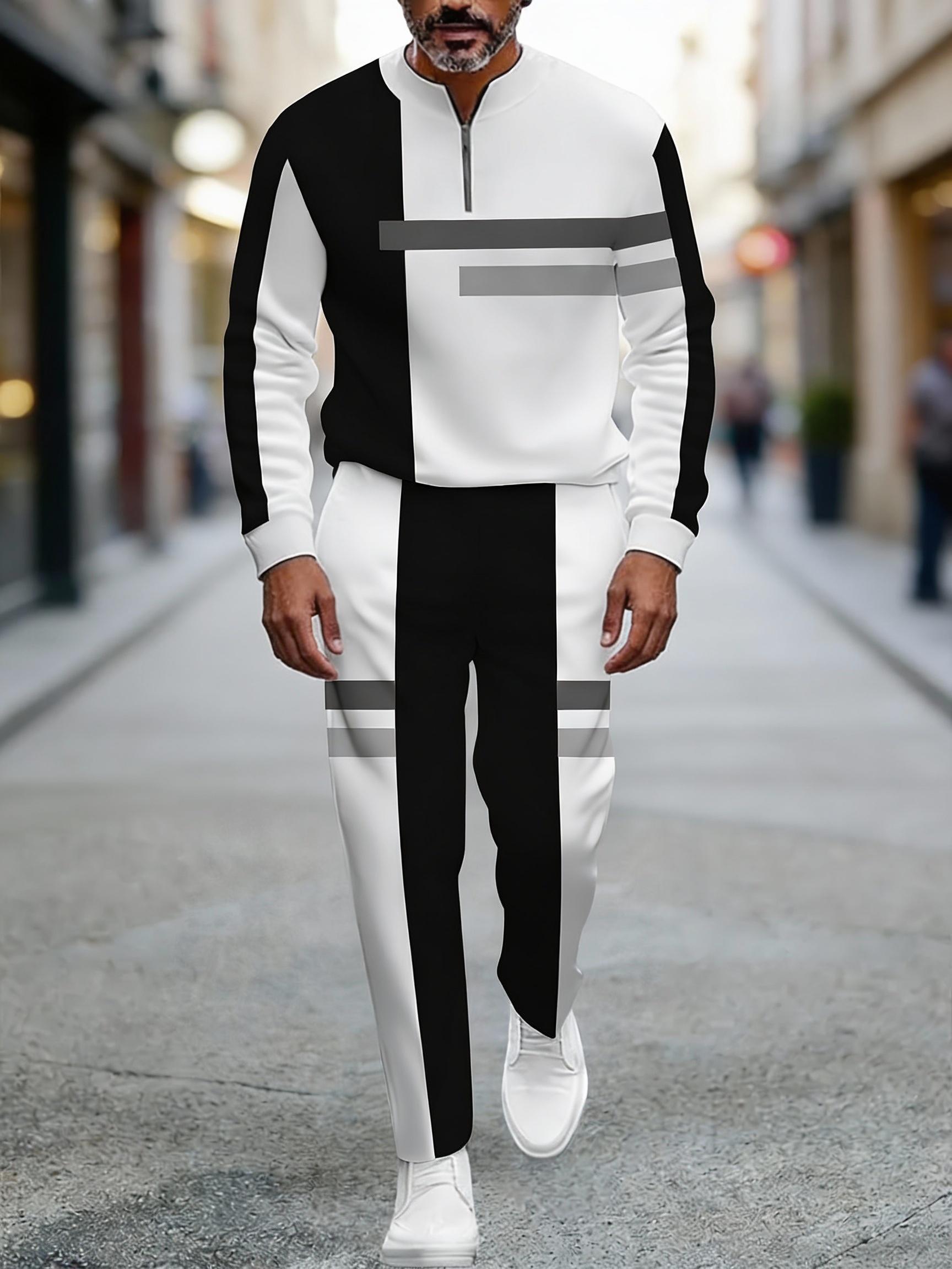 European and American two-piece men's white sports suit |     Geometric stripe design, semi open collar |     High quality polyester fiber fabric, wrinkle resistant and easy to maintain |     Fitness trend, suitable for sports and leisure style