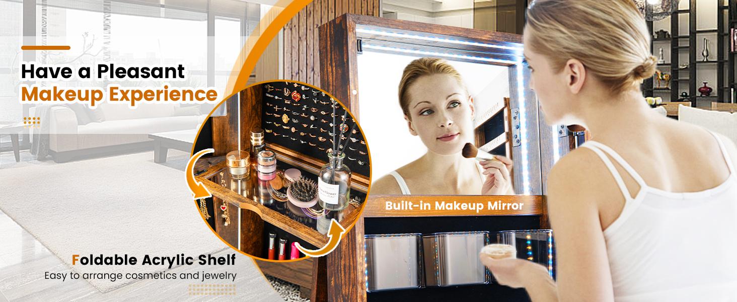 COSTWAY 360° Swivel Jewelry Armoire with Full Length Mirror, Rear Storage Shelves, Lockable Standing Jewelry Cabinet Organizer with Interior Vanity Mirror and 3-Color Lights -costst COSTWAY 360° Swivel Jewelry Armoire with Full Length Mirror, Rear Storage Shelves, Lockable Standing Jewelry Cabinet Organizer with Interior Vanity Mirror and 3-Color Lights -costst