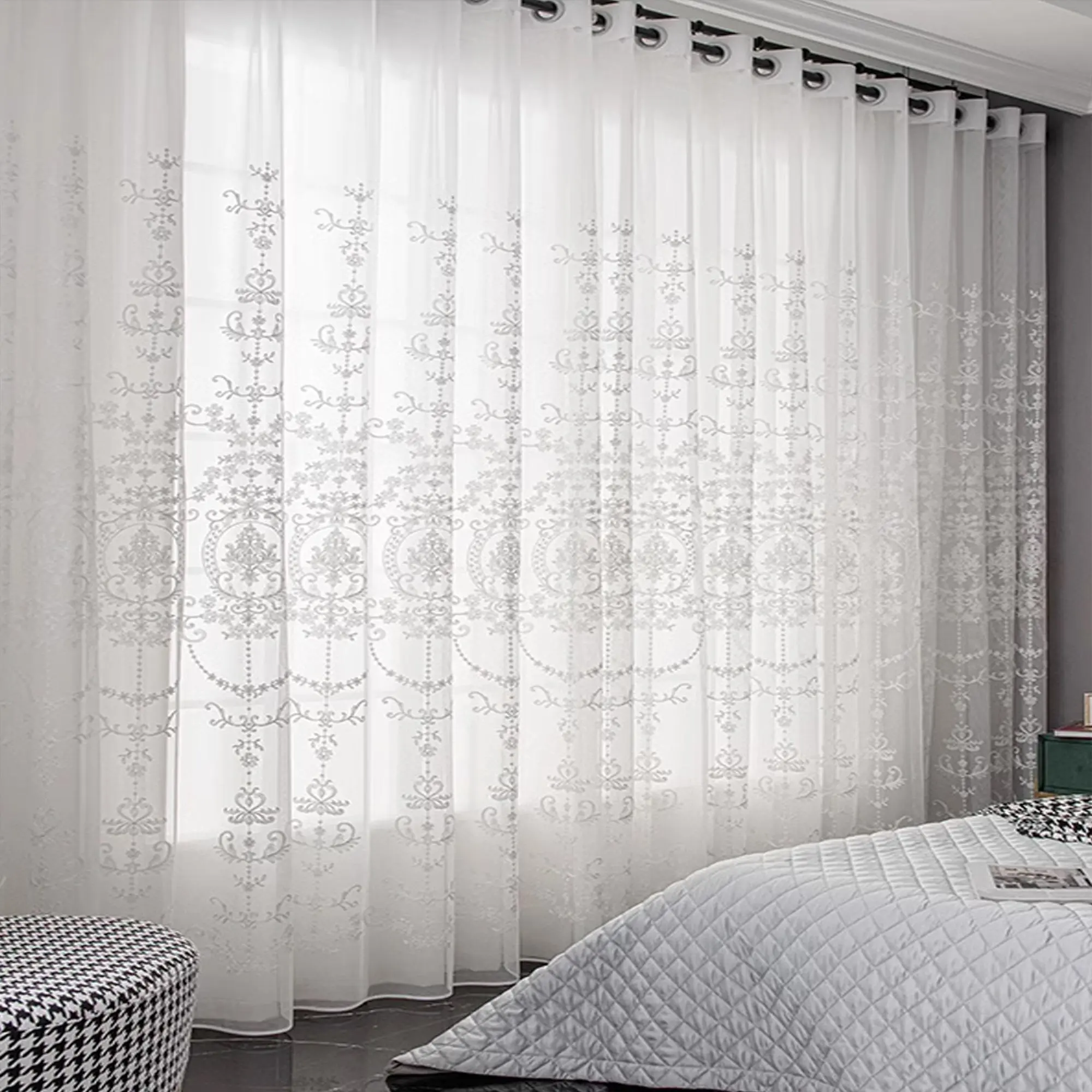 Floral Embroidery Sheer Curtain, Modern Simple 1 Panel Grommet Window Drapes, Privacy Light Filtering Curtain for Living Room, Bedroom, Balcony and Study Room, Home Decorative Curtain