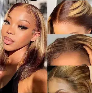 Highlight Wear Go Glueless Human Hair Straight Short Bob Wig P4/27 Colored 13x4 HD Lace Frontal Glueless Wigs Ready to Wear