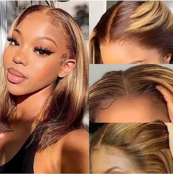 Highlight Wear Go Glueless Human Hair Straight Short Bob Wig P4/27 Colored 13x4 HD Lace Frontal Glueless Wigs Ready to Wear Hd Lacefrontal Wigs Glueless Blonde Wigs