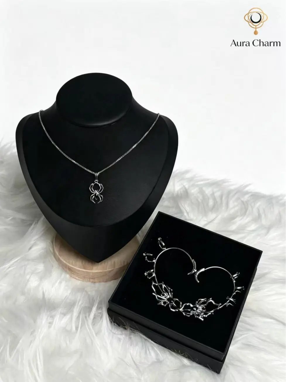 Gothic Hollow Black Stone Spider Jewelry Set, Spider Pendant Box Chain Necklace + Non-Piercing Clip On Spider Ear Cuff Wrap, Halloween Dark Punk Matching Accessories Unisex