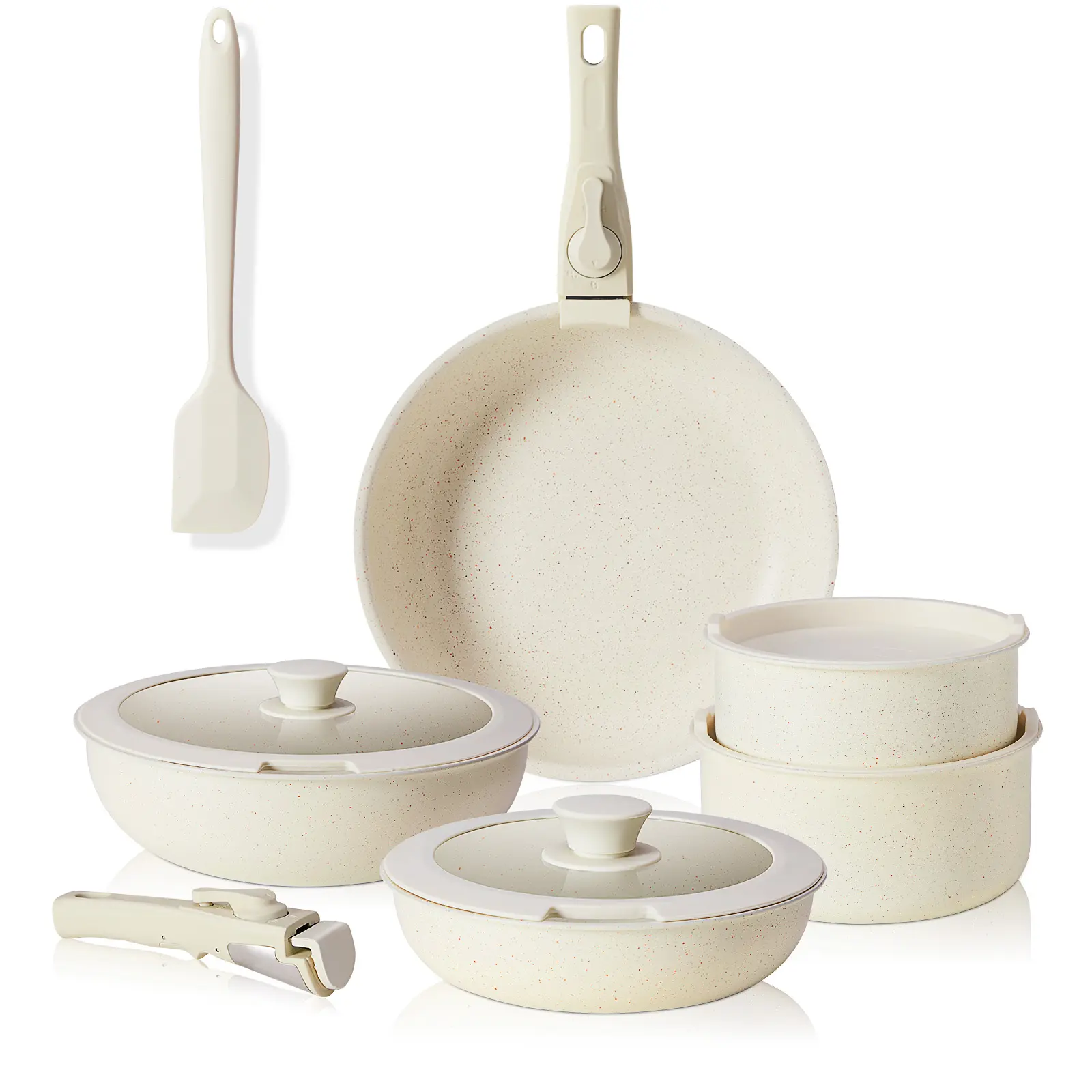 12-Piece Premium Quality Construction Nonstick Cooking Pans Set - Ceramic-Resistant, Anti-Scratch Cookware with Removable Handles, Spatula, Cream White Complete Kitchen Set for Home Cooking with Effortless Cleanup, Pots And Pans Set