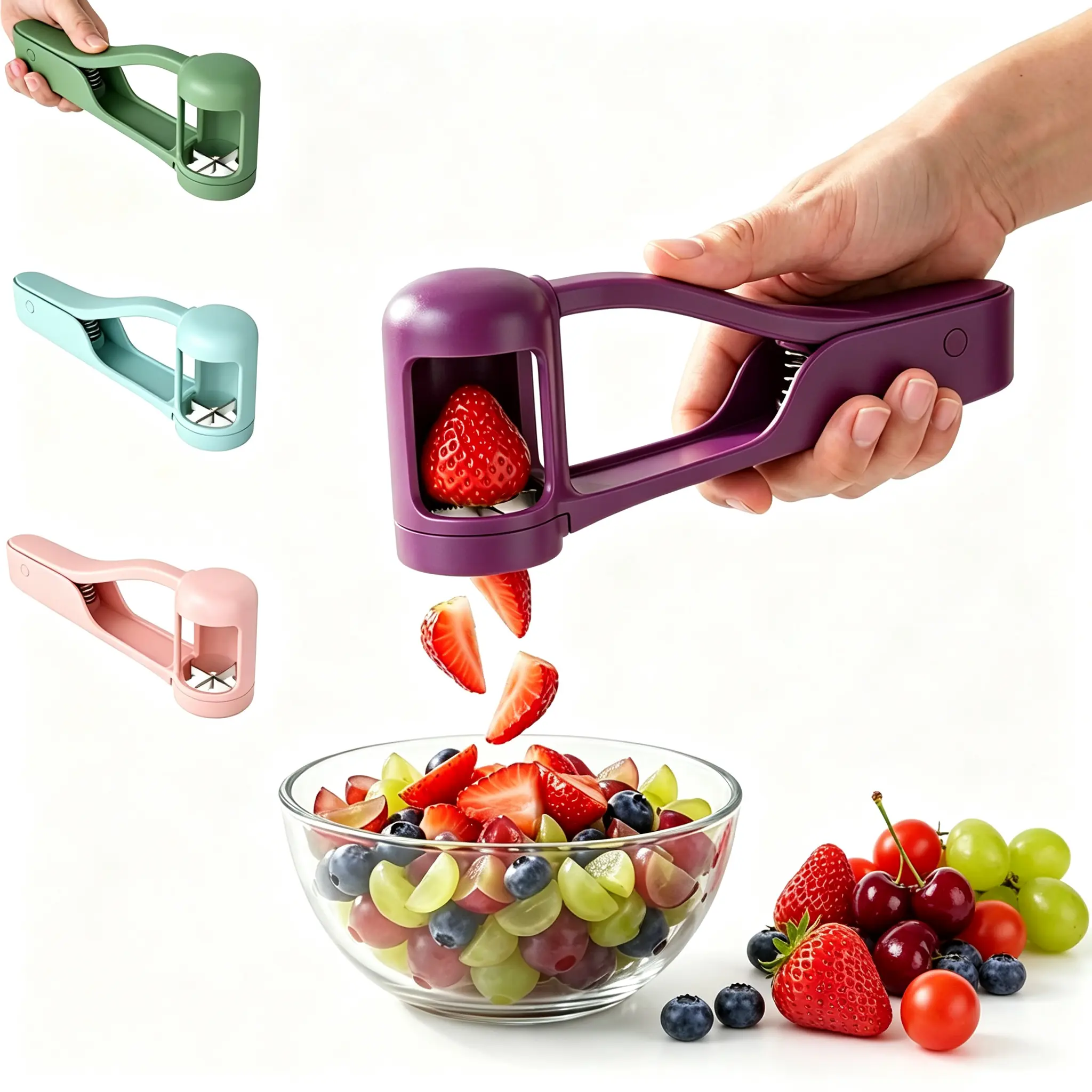 Stainless Steel Grape & Cherry Tomato Cutter - Kitchen Handheld Grip Fruit Quarterer Tool for Toddlers, Kids' Lunch Box Prep, Uniform Slices, Portable Salad Utensil