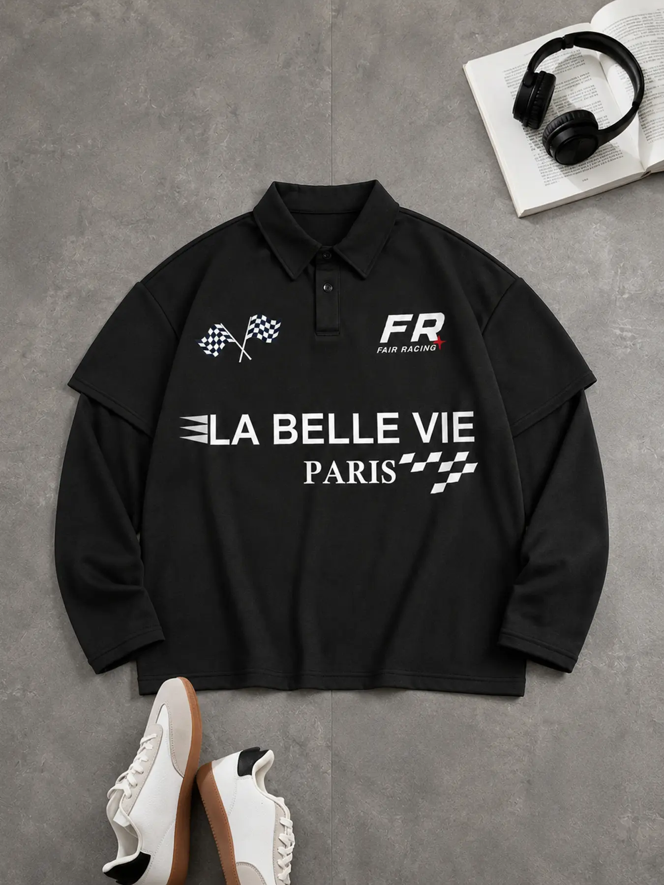 Men's Stylish Racing Graphic Layered Polo Shirt - Menswear Longsleeves Relaxed Fit Streetwear Clothes with Button Placket, Front Print, Back Print for Fall Campus Fashion Outfits, Polyester, Button Front, All Seasons