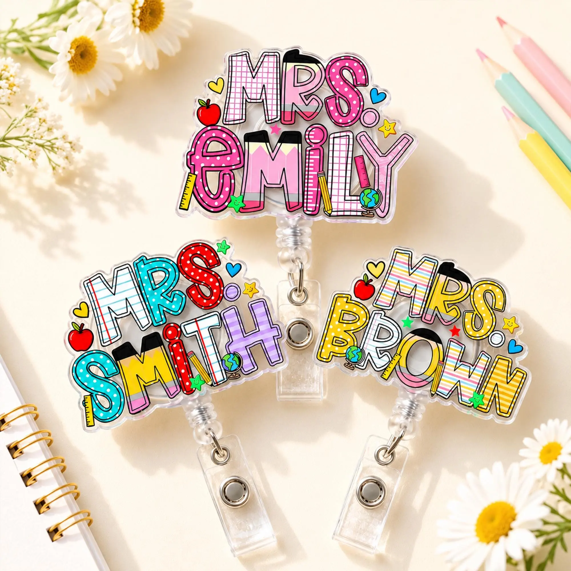 Custom School Pattern Name Teacher Badge Reel, Personalized ID Clip, Acrylic ID Holder, Back to School Gift, First Day of School Sign, Fall Decor 2026