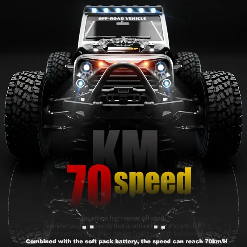 SUPERMELER Brushless RC Car - 1:16 2.4G 4-Wheel Drive Off-Road Vehicle, 70 KM/H Top Speed, 3-Speed Mode, LED Headlights, Ideal Birthday/Christmas Gift for Racing Toy Enthusiasts, High Speed Rc