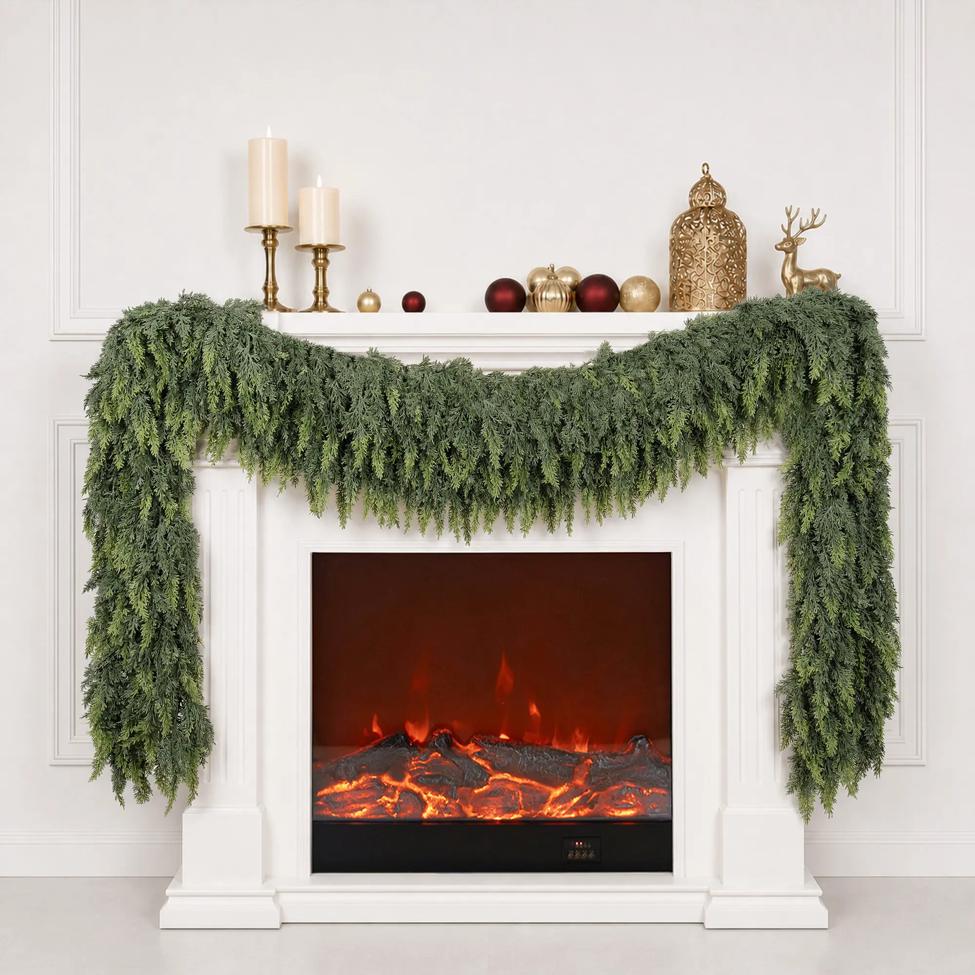 Senjie Christmas Low-maintenance Cedar Garland With Vertical Flow Perfect For Any Mantel Or Doorway Holiday Charm Real Touch Winter Green Pine Easy to Fluff(6FT,9FT)