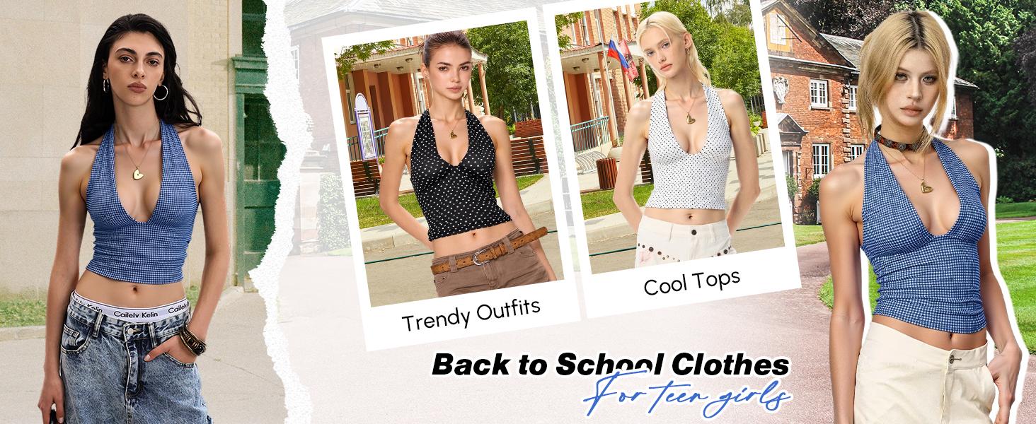 EMMIOL Women's Gingham Halter Top - Deep V Neck Sleeveless Open Back Crop Tank Top for Summer Y2K Coquette Fashion