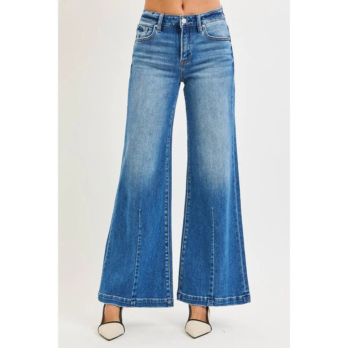 Mid-Rise Statement Jeans, Lady's Vintage Style with Pockets and Slight Stretch, Plus Sizes Available, Piece, Fit, Trouser, Pants, Fashion, Denim, Stretchy, Leg, Wide Leg, Cotton, Bottom, Flared, Women, Jean Pants, Bottoms, Denim Pants