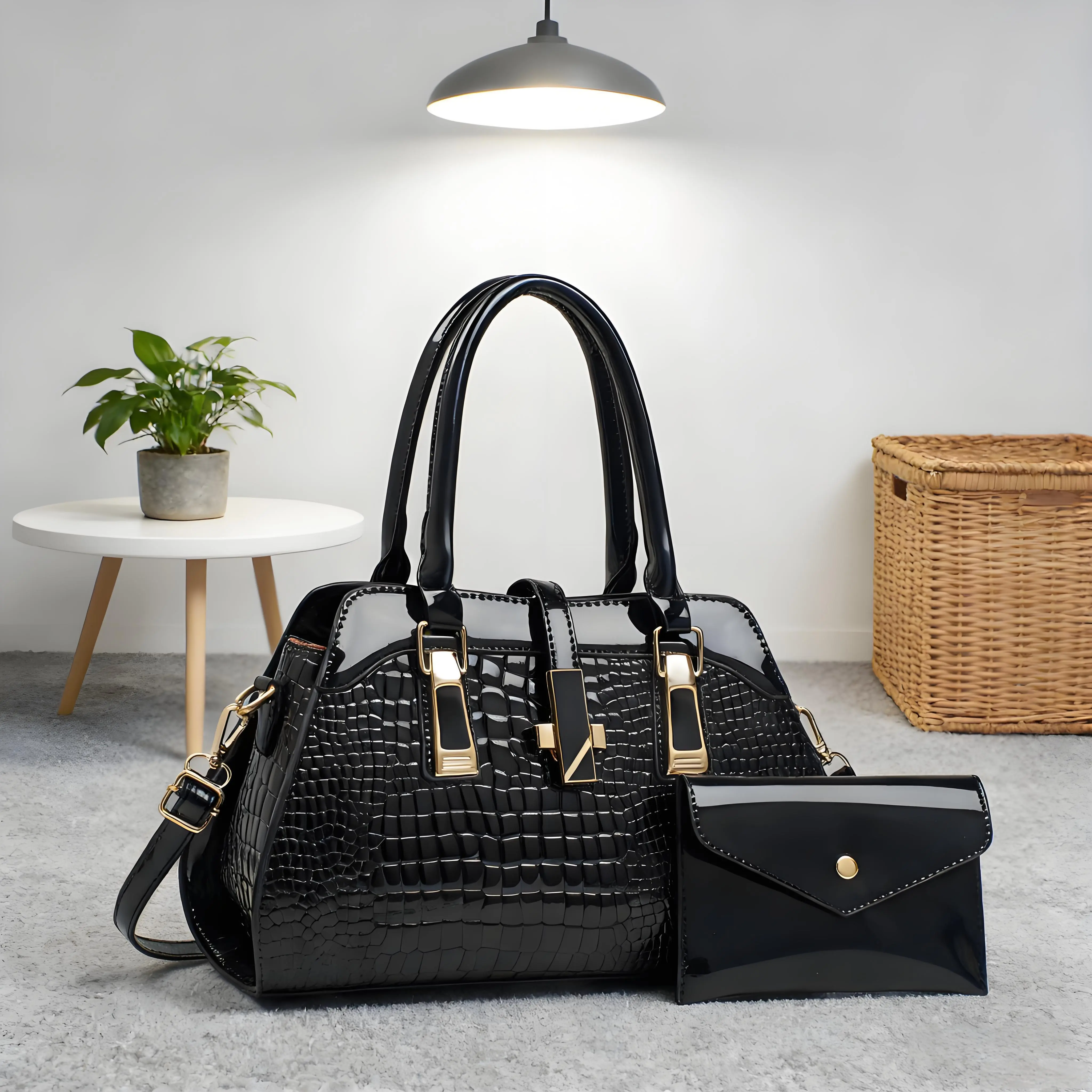 Croc-Embossed Handbags for Women, Large Capacity Fashion Tote with an Adjustable Strap, Zipper Closure, and Matching Wristlet
