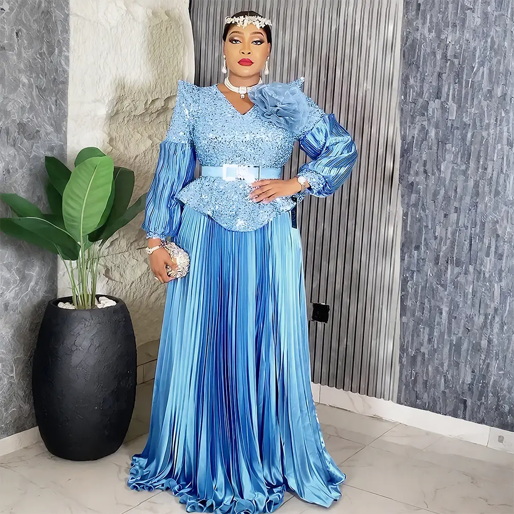 Plus Size Evening Gown with African Ankara Sequin Detail, Sparkly Long Sleeve Modest Formal Wear for Wedding Guests, Romance, Anniversary, African Clothing, V-Neck, Classic, Party Fit
