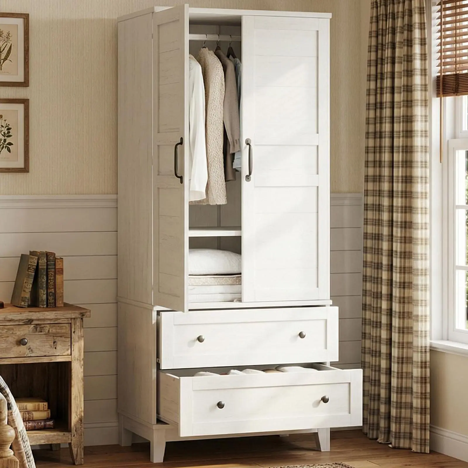 Armoire Wardrobe Closet with 2 Drawers, 72" Tall Wooden Clothing Wardrobe with Hanging Rod & DIY Adjustable Shelf, Heavy Duty Bedroom Armoire Storage Cabinet with Doors, Rustic White