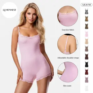 LUMENNEST Lace Series Women's Spaghetti Strap Lace Trim Breathable Playsuit, Lightweight Solid Color Playsuit, Seamless Sport & Outdoor Clothing