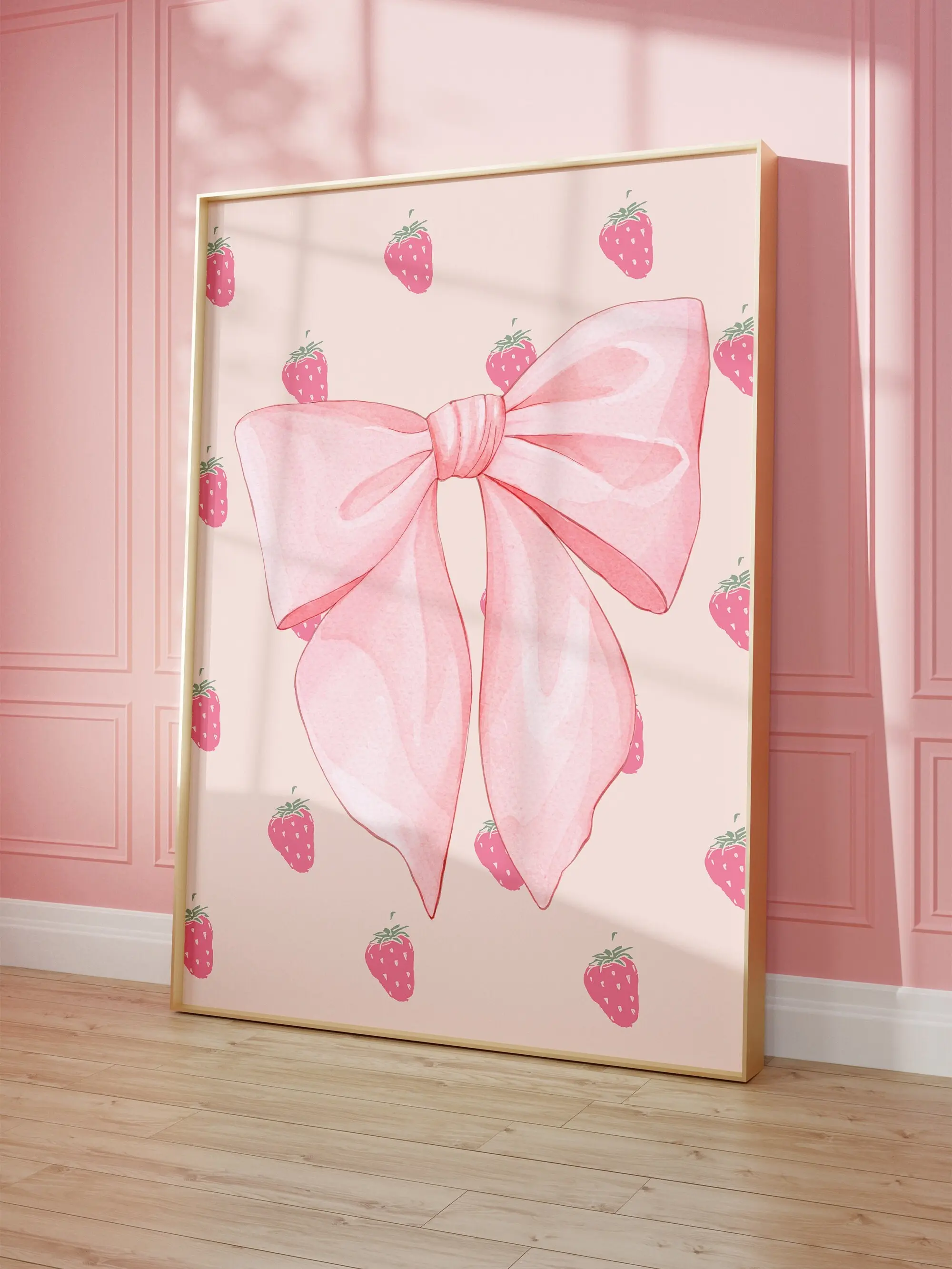 Strawberry Fruit Pink Bow Poster, Bow And Ribbon Wall Art, Coquette Girly Bedroom Decor, Poster Prints No Framed, Gifts For Girl, Wall Art Home Decor, Aesthetic Wall Art, Gifts For Valentine's Day