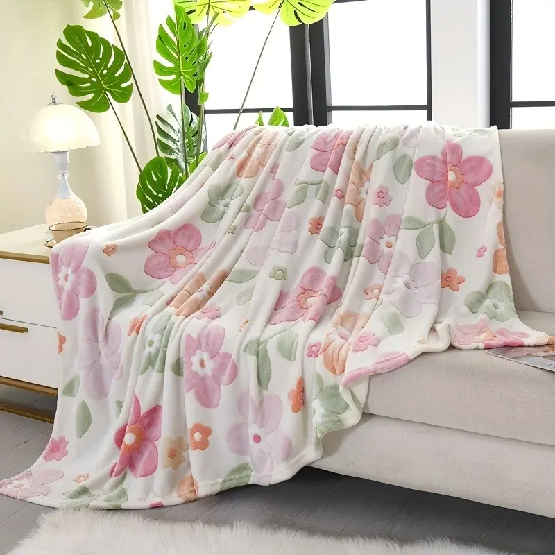 Soft Pastel Watercolor Floral Print Flannel Blanket - Cozy, Warm, Fuzzy Plush, Pink & Green Cottagecore Aesthetic, Perfect Gift for Women for Bedroom, Sofa Home Decor