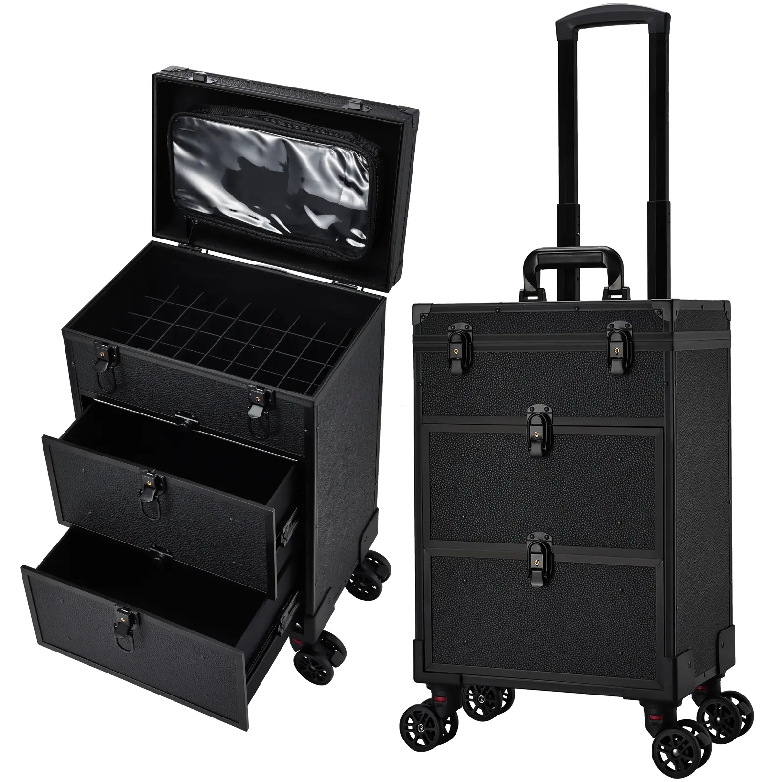 Rolling Makeup Case with Wheels Professional Cosmetology Trolley Case with 2 Large Drawers Travel Makeup Train Case with Pouch Nail Suitcase