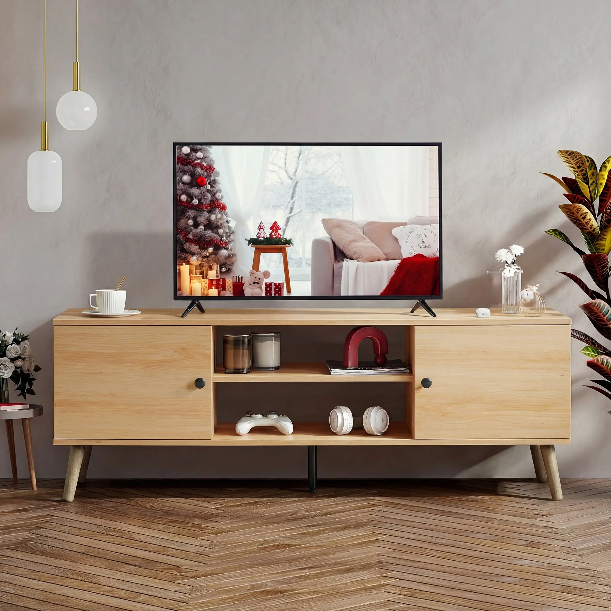 Modern TV Stand for 55 60 inch TV with 2 Storage Cabinet and Open Shelf, TV Cabinet, TV Media Console, Wood TV Table for Living Room