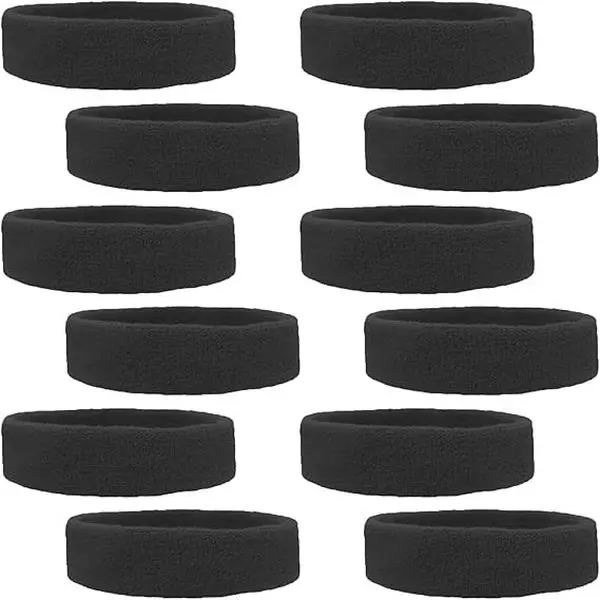 Men's 12-Pack Cotton Blend Terry Cloth Moisture-Wicking Stretch Fit Sports Headbands - Soft, Breathable Athletic Sweatbands for Basketball, Running