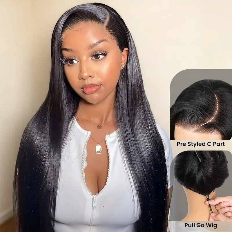 [24" Special Offer $129] Pre Lace Cut Side Part Wig With Drawstring 6x4.5 Lace Closure 100% Human Hair 180% Density Straight Wig Pre Plucked Pre Bleached