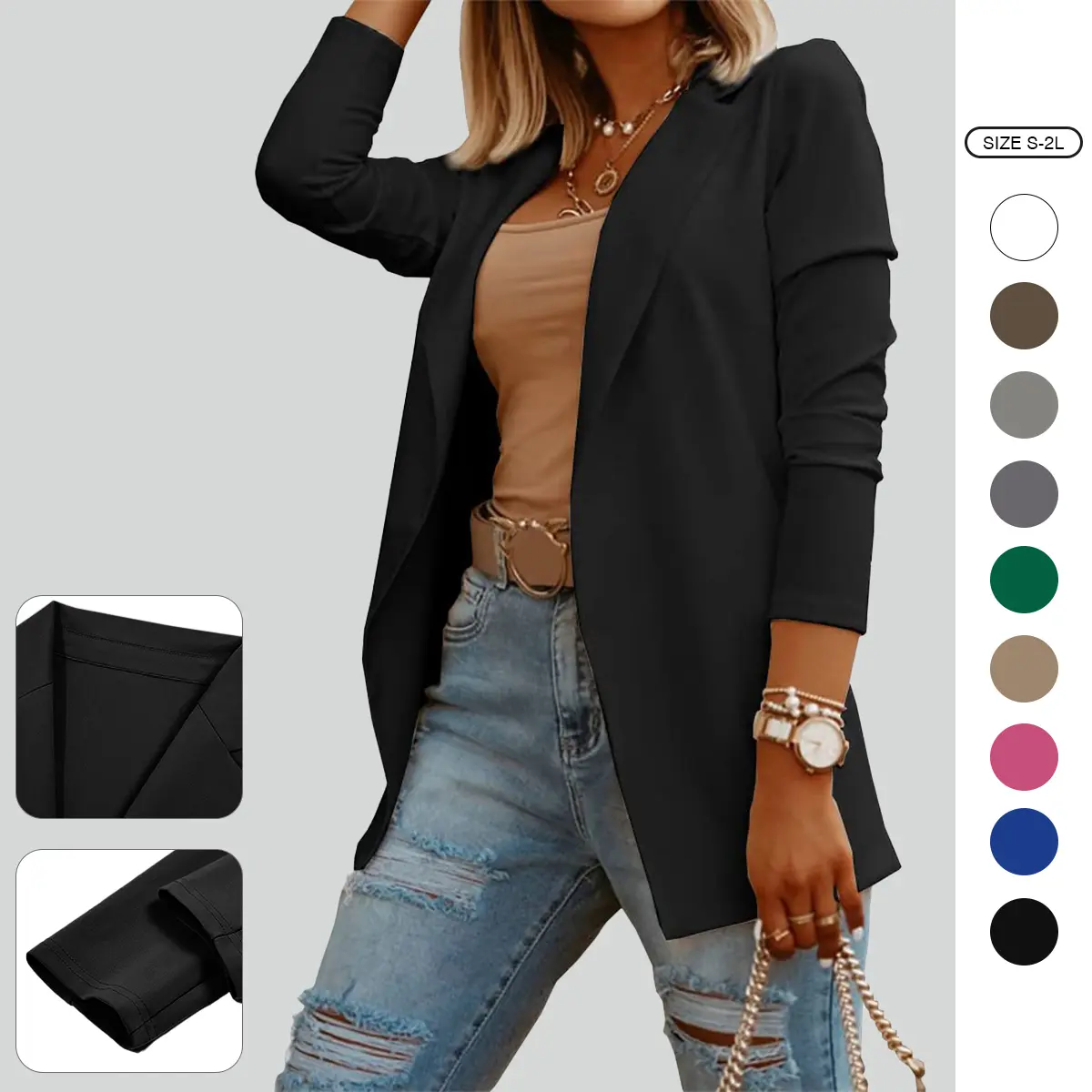 [No Button and Pocket] Imily Bela Womens Casual Long Sleeve Blazers Solid Color Blazer Work Office Open Front Blazer Conton Jacket
