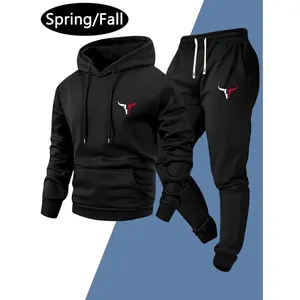 Men's spring and autumn thin personalized bull head print pattern hooded sweater and pants set, stylish casual men's pocket street sports sweatpants with elastic waist drawstring, two-piece long pants, suitable as a gift for husband or boyfriend