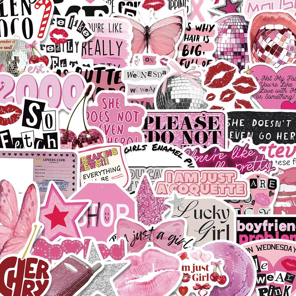 Pink Themed Sticker, 50pcs/set Cute Cartoon Sticker, Emoji Stickers, DIY Decorative Decal Sticker, Decoration Sticker for Phone Case, Smartphone, Cellphone, Computer, Guitar, Bag, Water Cup, Scrapbook, Screen Protector