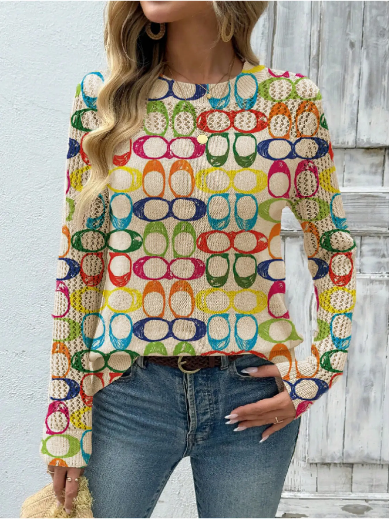 Women's Geometric Pattern Colorblock Print Round Neck Fitted Sweater Womenswear, Knit Sweaters Casual Feminine Long Sleeve Knitwear Knitted Pullover for Fall Winter, Comfortable Warm Daily Wear