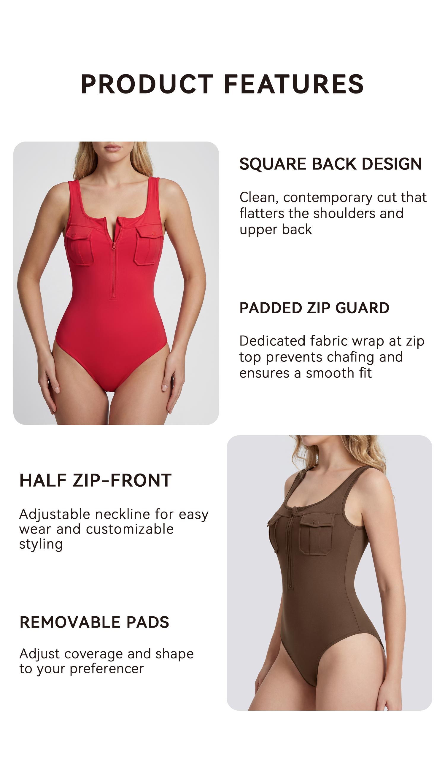 OQQfitness Womenswear Bodysuit Daily Top Two Pockets Minimalist Zip Sleeveless Fitted Elegant Underwear for All Seasons, Machine Washable